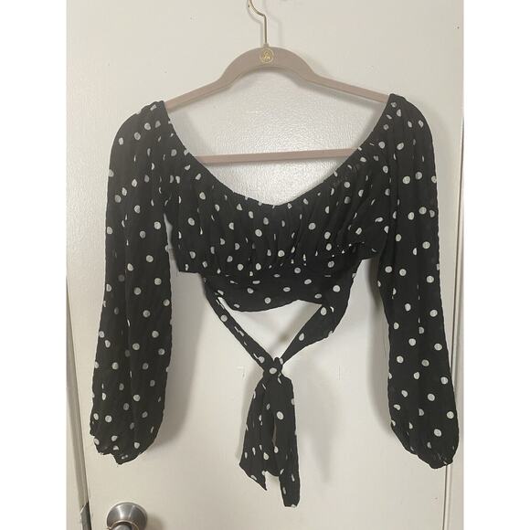 Kaylee Collection Black Polkadot Off Shoulder Long Sleeves Tube Top Tie Front S - Picture 5 of 10